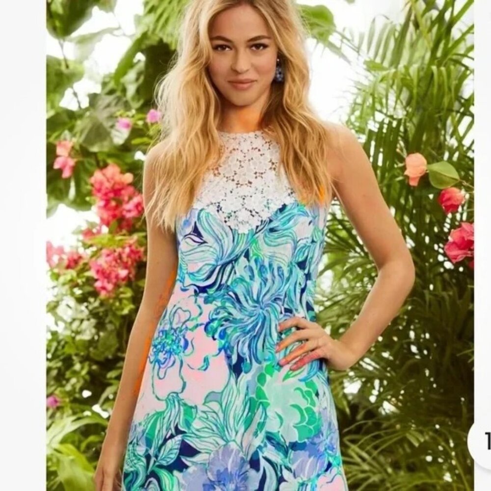 Lilly Pulitzer Nala Soft Shift Dress Lace Neck Blue Green Sz 6 Preppy Resortwear